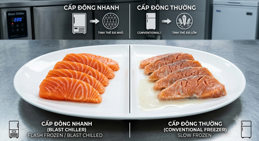 So sánh lát cắt Sashimi giữa tủ đông nhanh và tủ đông sâu thường