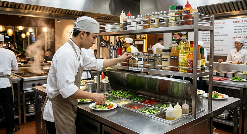 Bàn salad tiện lợi giúp linecook thực hiện công việc