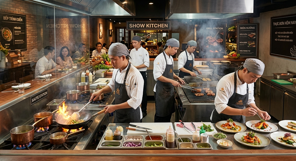 Đội ngũ linecook trong nhà hàng chuyên nghiệp