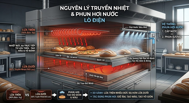 Minh họa nguyên lý truyền nhiệt lửa trên - lửa dưới và hệ thống phun hơi nước bên trong khoang lò sàn