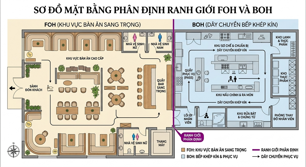 Sơ đồ mặt bằng thể hiện ranh giới giữa FOH và BOH