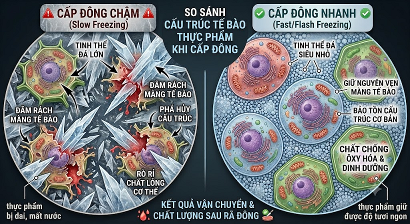So sánh cấu trúc tế bào thực phẩm khi dùng tủ đông thường và tủ cấp đông nhanh